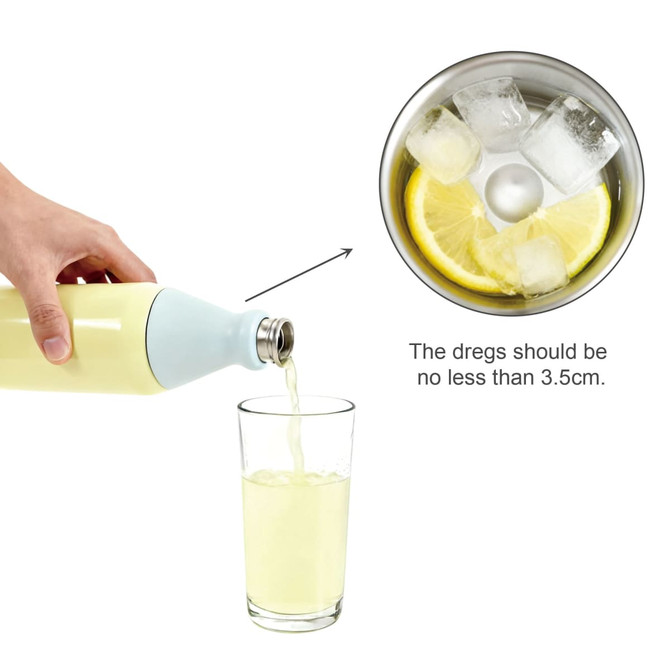 A drink bottle in pale yellow with a light blue cap, pouring liquid into a glass filled with ice and lemon.