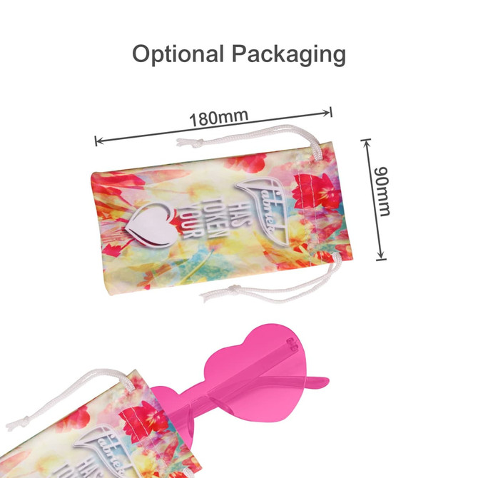 A pair of pink heart-shaped party glasses inside a colourful drawstring pouch. The image features optional packaging details.