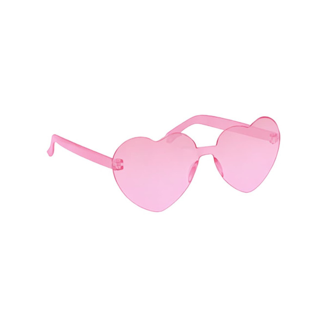 Heart-shaped sunglasses in a vibrant pink colour with transparent frames. Features a logo on the side.