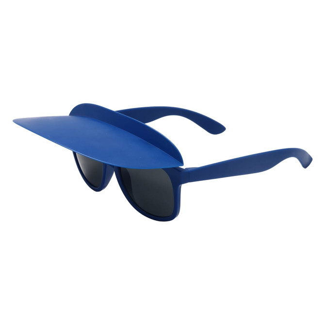 Blue Flip Up Visor Sunglasses with a wide visor and dark lenses, featuring a logo on the side.
