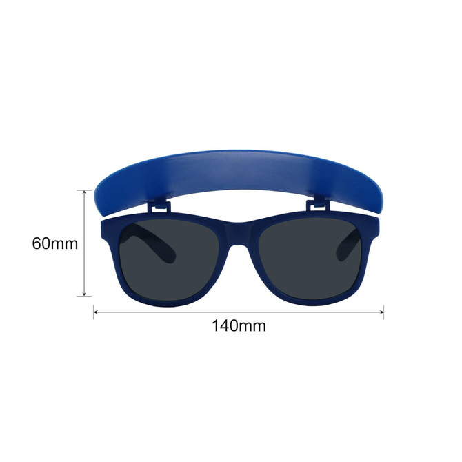 Navy blue flip up visor sunglasses with dark lenses, featuring a central flip-up visor. Dimensions are 140mm by 60mm.