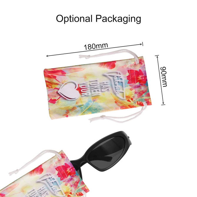 Wraparound sunglasses in black, housed in a colourful drawstring pouch featuring a logo.