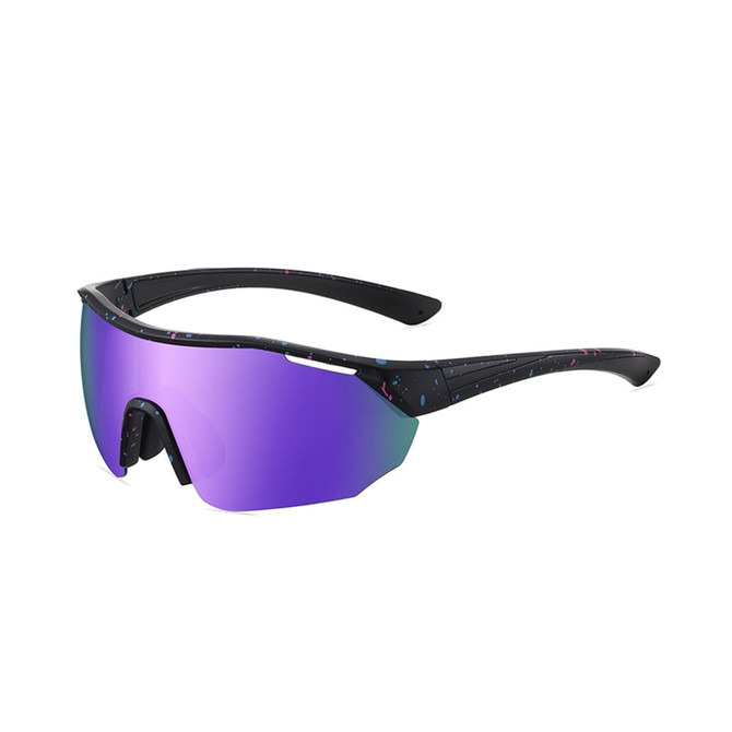 Sports cycling sunglasses in black with a colourful speckled design and reflective purple lenses. Features logo on the frame.
