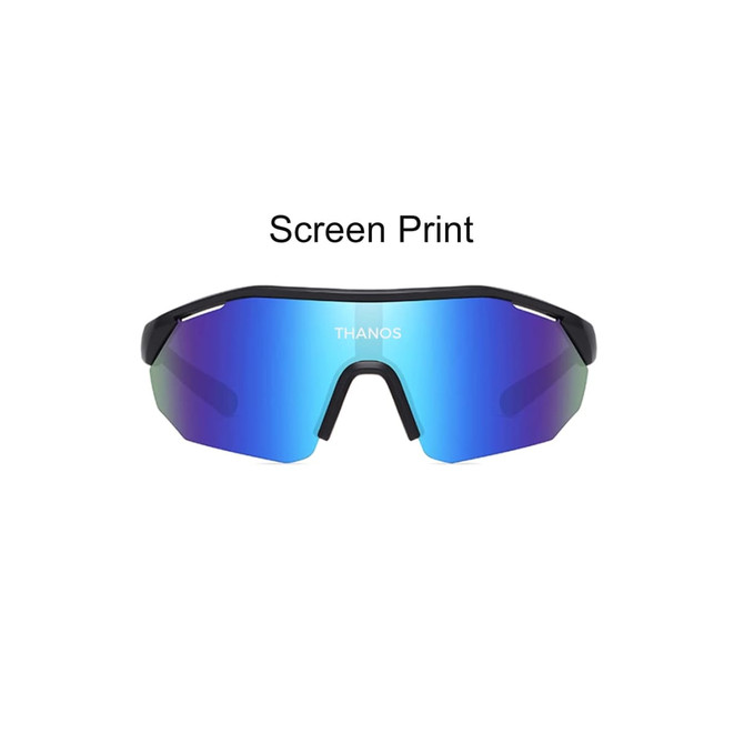 Sporty cycling sunglasses with a sleek black frame and blue reflective lenses. Features a logo on the front.