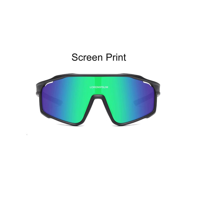 Classic sport glasses with a sleek black frame and gradient green-blue lenses, featuring a logo on the side.