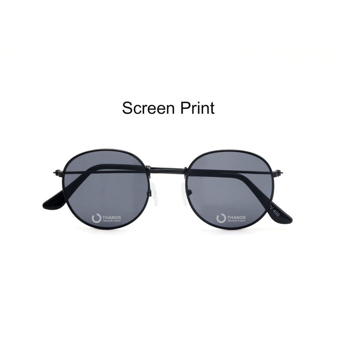Classic metal sunglasses in black with grey lenses and a logo on the temple.