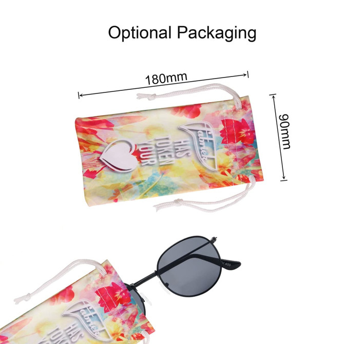 A pair of classic metal sunglasses rests inside a colourful drawstring pouch with a heart design.