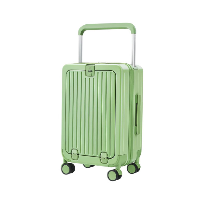 A green hardside suitcase with a textured design, retractable handle, and wheels for easy mobility.