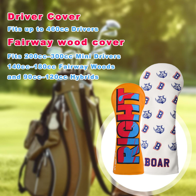 A custom golf head cover in orange and white, featuring a logo and vibrant text design.