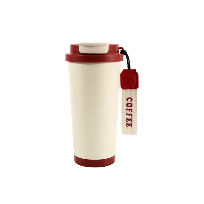 A double wall stainless steel coffee mug in cream and red, featuring a lid and a branded tag.