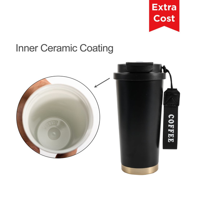 A drink bottle featuring a 550ML double wall design, black exterior, and a gold base with a ceramic-coated interior.