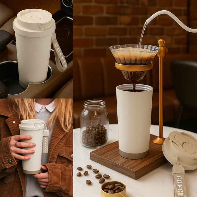 A double wall stainless steel coffee mug in cream with a lid, featuring a logo and set beside coffee beans.