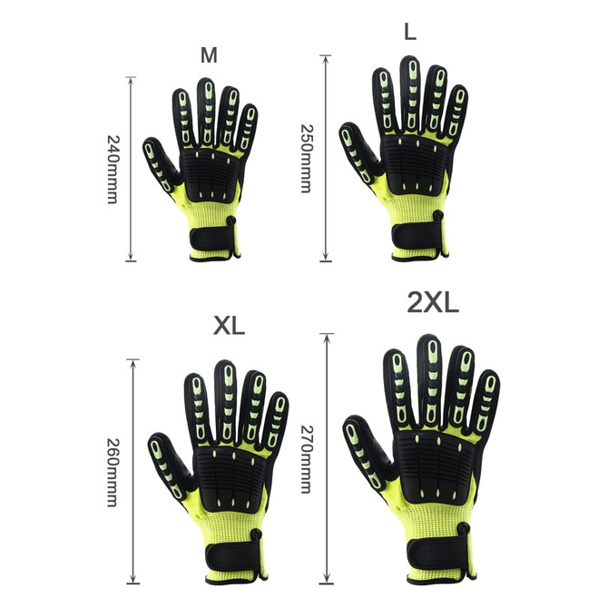 Heavy duty safety work gloves in bright yellow and black, featuring a wrist lock and palm guard, displayed in various sizes.