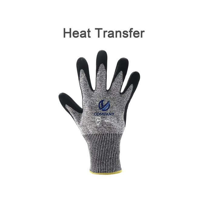 A cut-resistant nitrile glove in grey and black, featuring a logo on the palm and a yellow cuff.