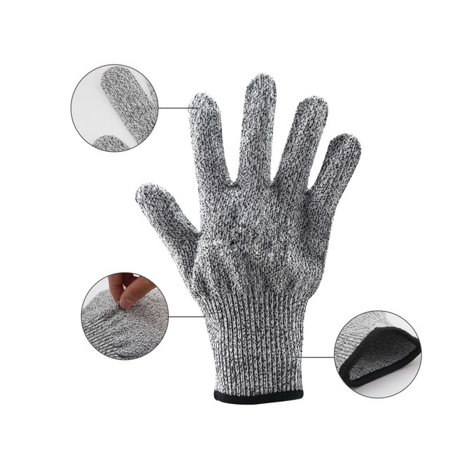 A pair of cut resistant gloves in grey, featuring a textured surface and a black cuff. The image includes close-up details.