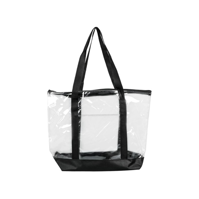 A large clear zippered tote bag with black handles and a black base, featuring a logo.