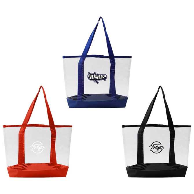 Three transparent handbags in red, navy, and black, each featuring a logo on the front.