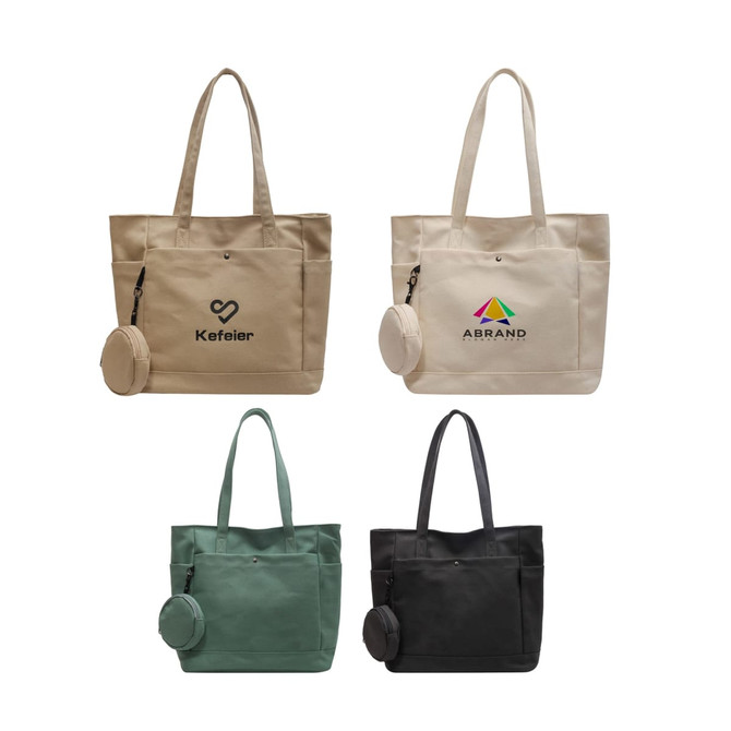 A casual canvas bag in beige, green, and black, featuring logos and a detachable round pouch.
