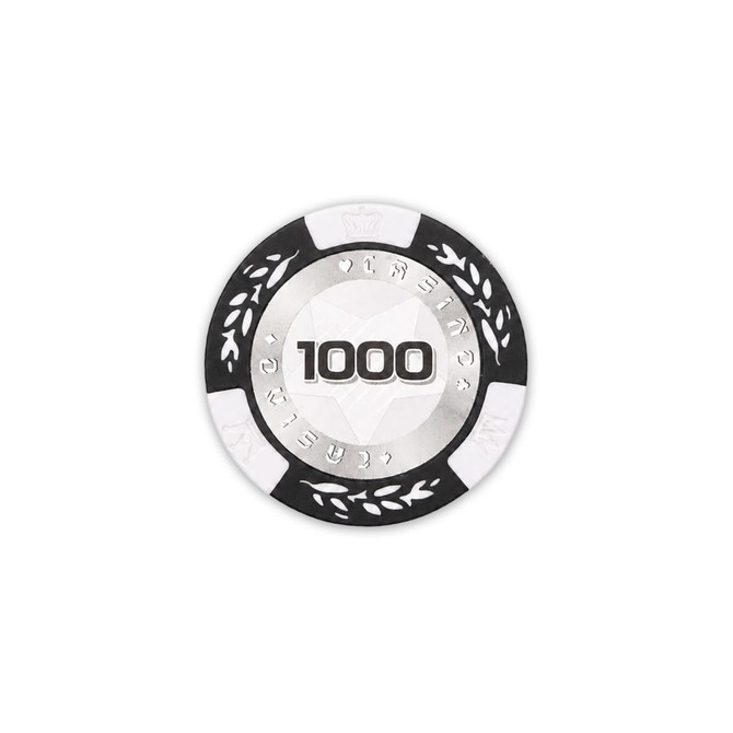 A round poker chip featuring a silver centre with a black and white outer ring, labelled "1000".