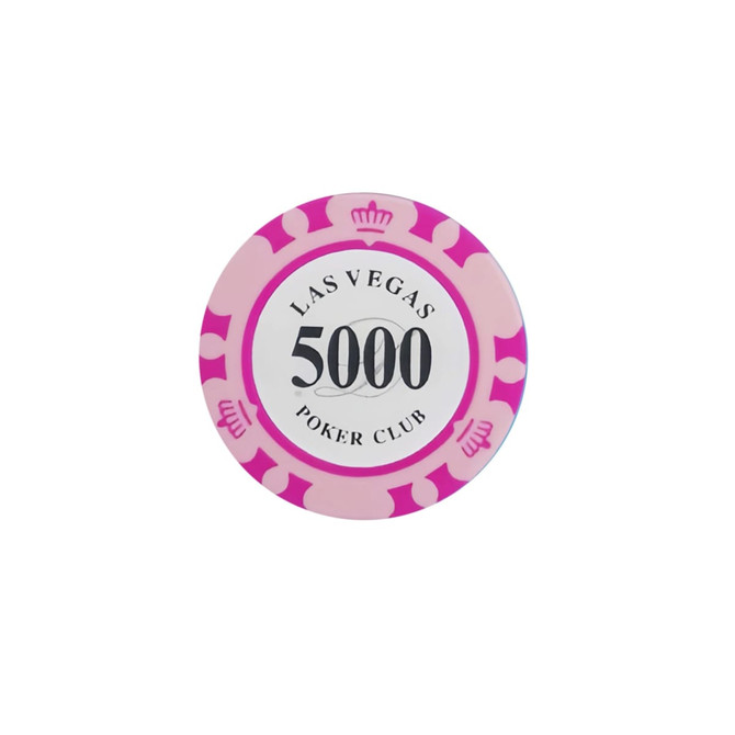 A pink and white poker chip featuring a crown design, labelled with "5000" and "Poker Club."