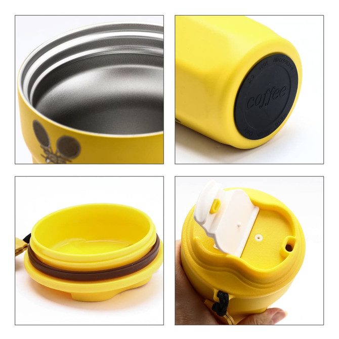 A drink bottle featuring a vibrant yellow exterior, double wall design, a base with a logo, and a secure lid.
