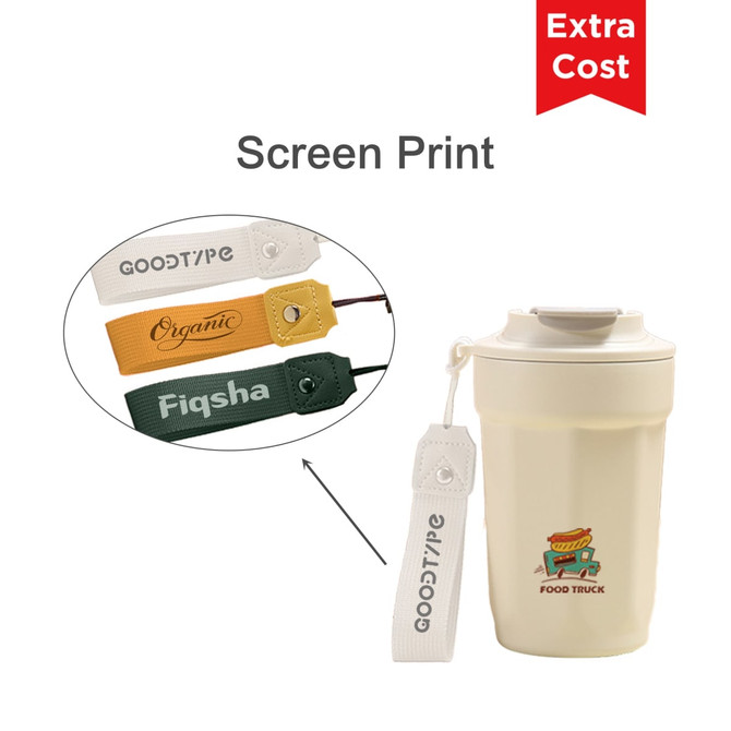 A drink bottle featuring a cream-coloured body and a printed logo, accompanied by various coloured tags.