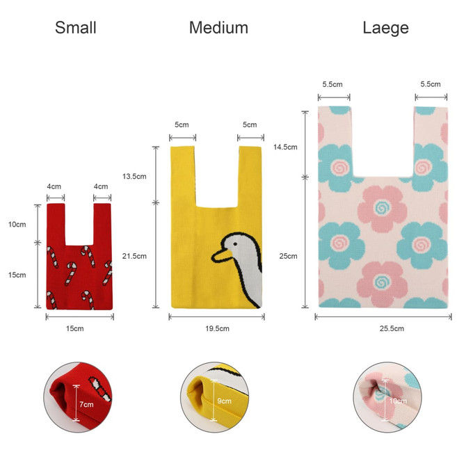 Three knitted knot handbags in red, yellow with a duck design, and pastel blues with flower patterns, displaying size dimensions.