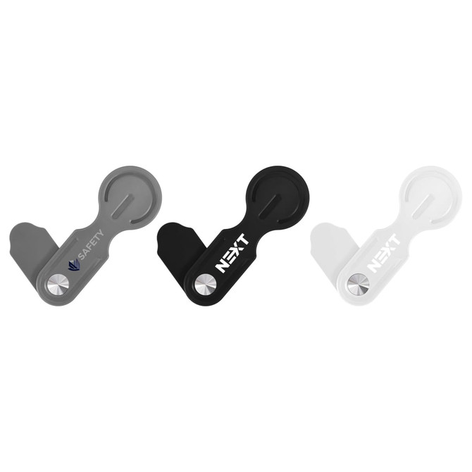 A set of three plastic magnetic phone holders for laptops, coloured grey, black, and white, featuring a logo.