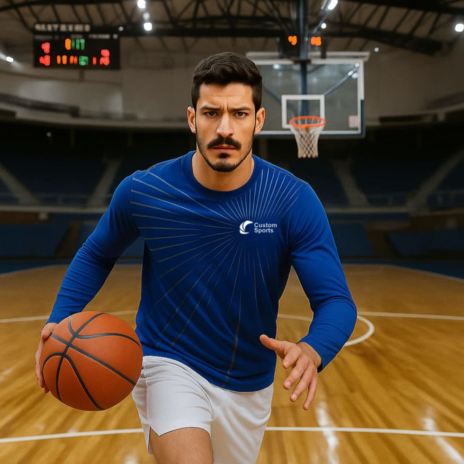 A man wearing a blue long-sleeve shirt and white shorts is dribbling a basketball on a court. The shirt has a logo.