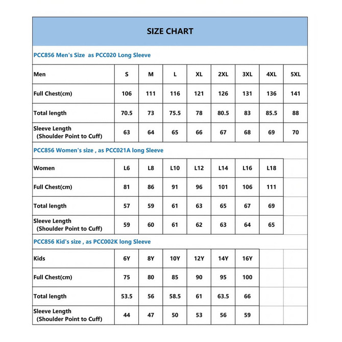 A size chart for long sleeve shirts, detailing measurements for men, women, and kids in various sizes.
