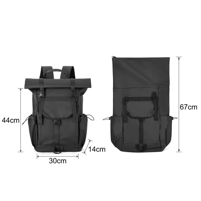 A black polyurethane roll top backpack with adjustable straps and multiple pockets, showing dimensions.