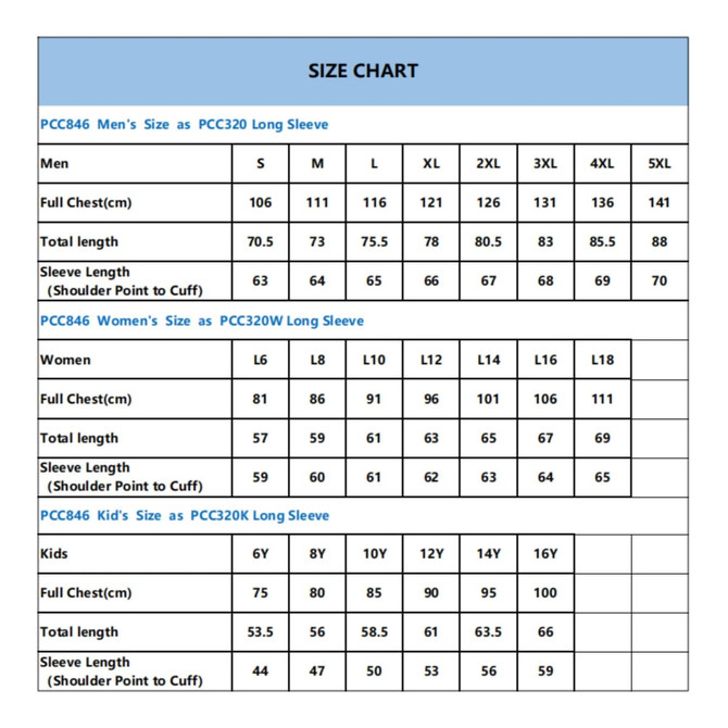 A size chart detailing measurements for men's, women's, and kids' long sleeve shirts, with various size options listed.