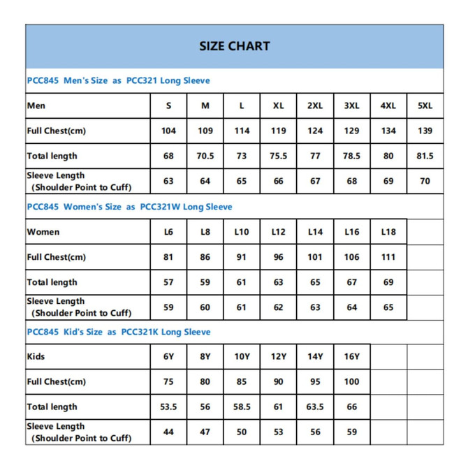A size chart detailing measurements for men's, women's, and kids' long sleeve shirts, including chest and sleeve lengths.