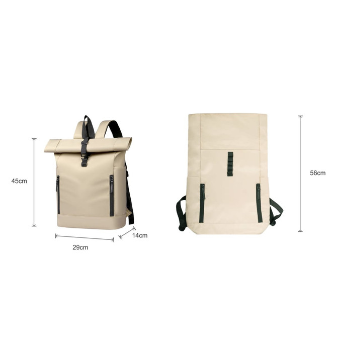 A roll top laptop backpack in beige with adjustable straps and a green accent, featuring two side pockets.