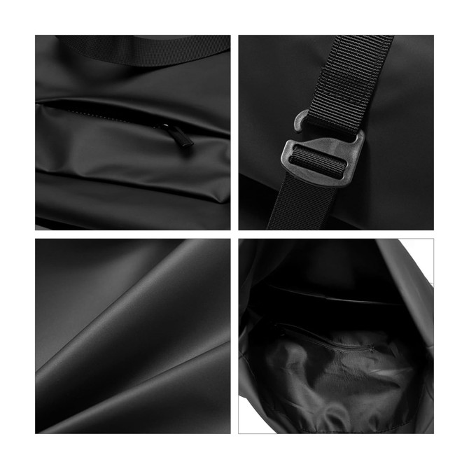 A black tarpaulin roll top backpack featuring adjustable straps and interior pockets. It has a smooth, matte texture.