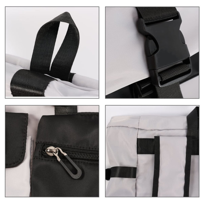 A multi-pocket roll top backpack in black and white, featuring adjustable straps and zippered compartments.