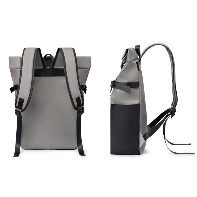 A grey multi-pocket roll top backpack with black accents, featuring adjustable straps and a logo.
