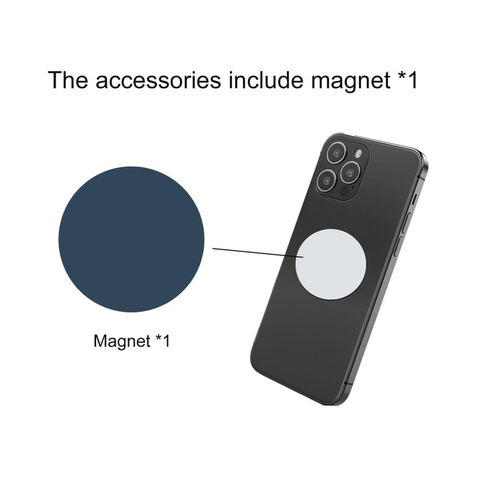 A smartphone with a dark blue circle indicating a magnet attachment is displayed alongside a note about accessories.