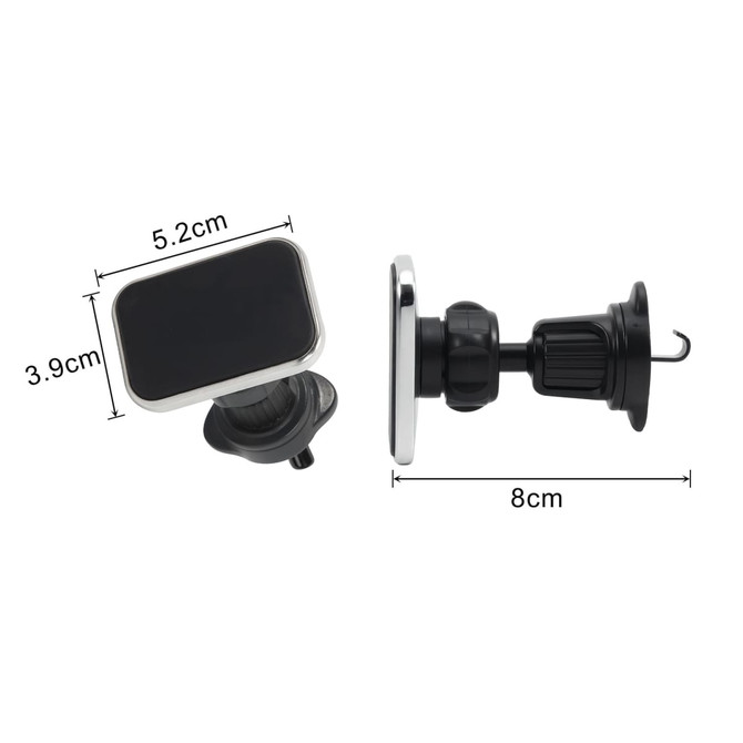 A black and silver square car hook bracket, featuring dimensions and a holder with a hook for hanging items.