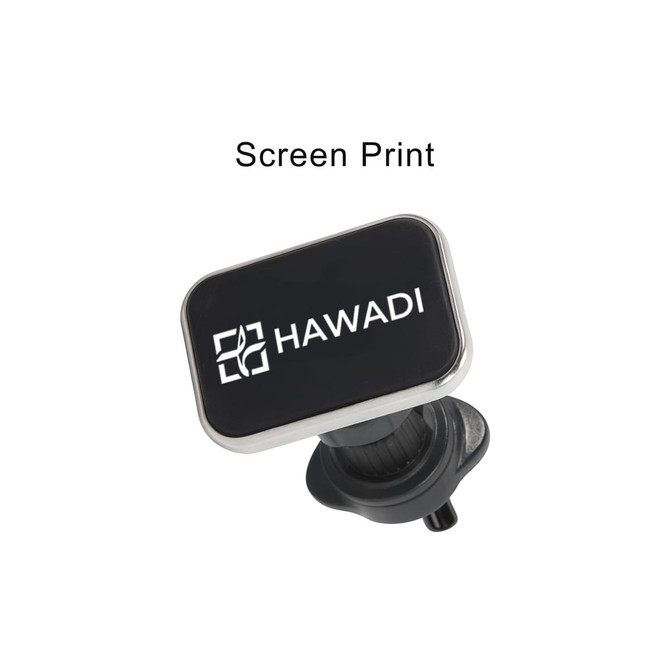 A square black car hook bracket with a metallic border, featuring a logo.