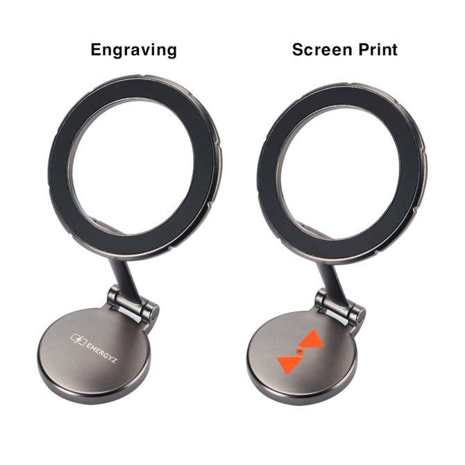 A sticky magnetic car phone holder with a silver and black finish, featuring a flexible arm for positioning.