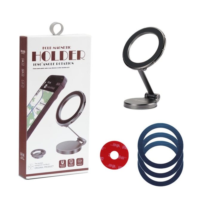 A black magnetic car phone holder with a folding design, accompanied by coloured adhesive discs, displayed in its packaging.