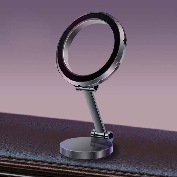 A sleek black and silver magnetic car phone holder with an adjustable arm and circular mount.