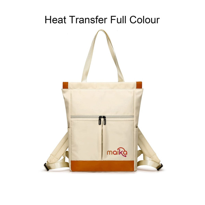 A cream convertible nylon backpack with brown accents and a logo, featuring adjustable straps and a front zip pocket.