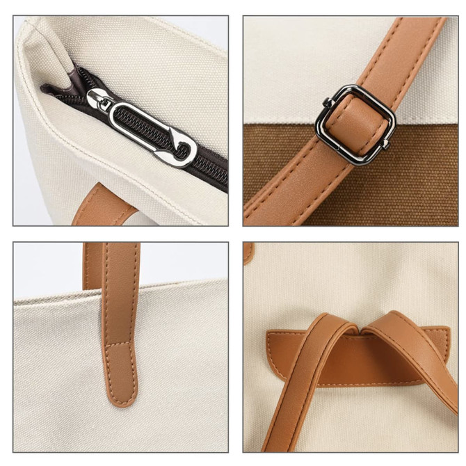A convertible canvas backpack to tote bag featuring a zip, brown straps, and beige fabric. Includes a logo.