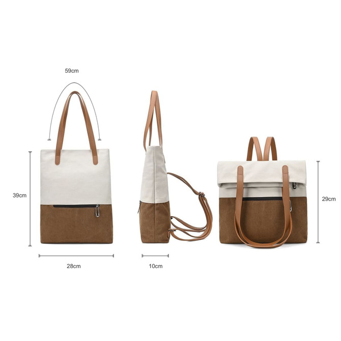 A convertible canvas backpack to tote bag in cream and brown, featuring adjustable straps and a front zip pocket.