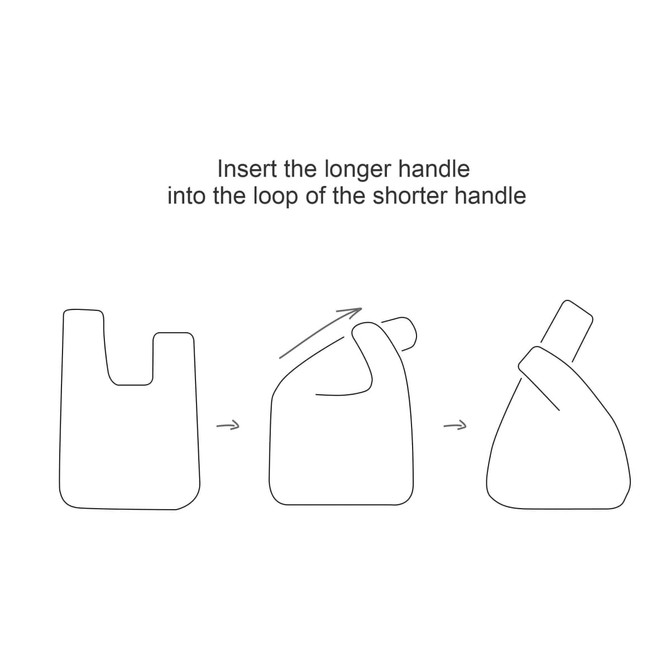 A diagram illustrating how to secure the longer handle into the loop of the shorter handle.