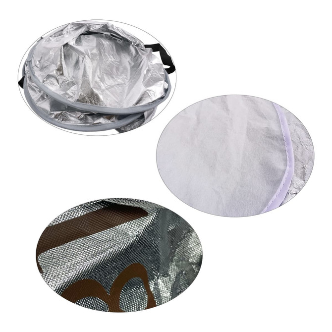 A round aluminum car snow cover in silver, featuring a textured interior and black straps for securing.