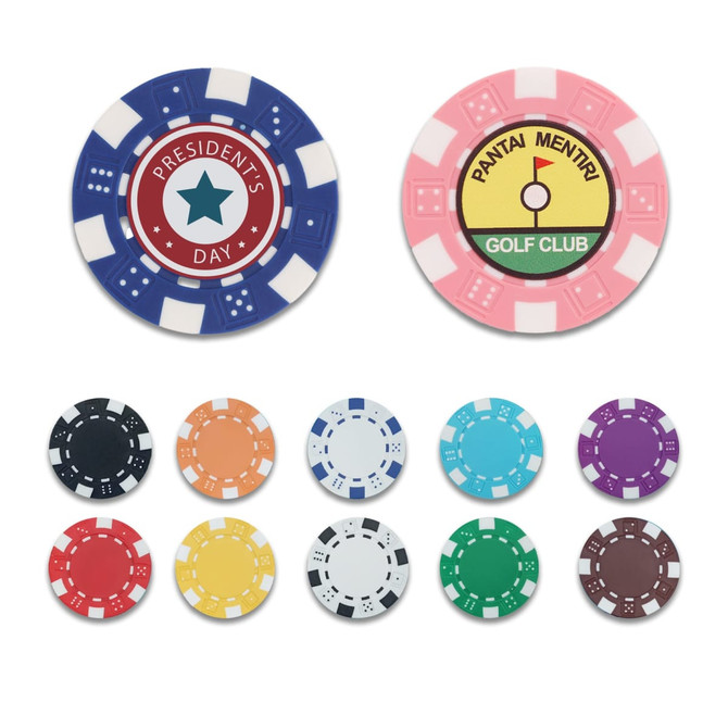 A set of colourful ABS poker chips in various designs and colours, including blue, pink, white, and green, featuring different motifs.