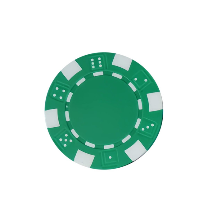 A green poker chip with white accents and patterns, featuring circular and square designs.
